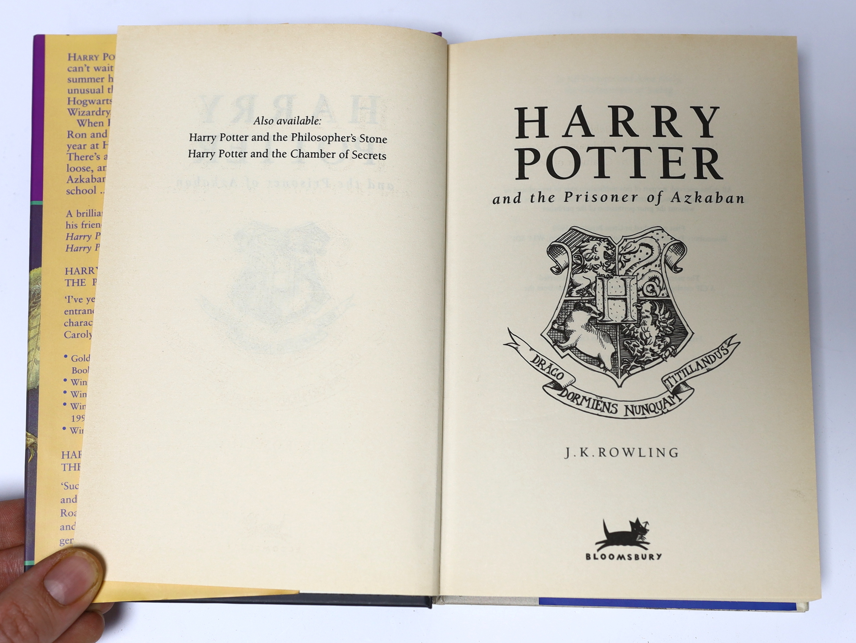 Rowling, J.K - Harry Potter and the Prisoner of Azkaban. First Edition (early reprint). armorial on half and title page; publisher's coloured pictorial boards and d/wrapper, 1999